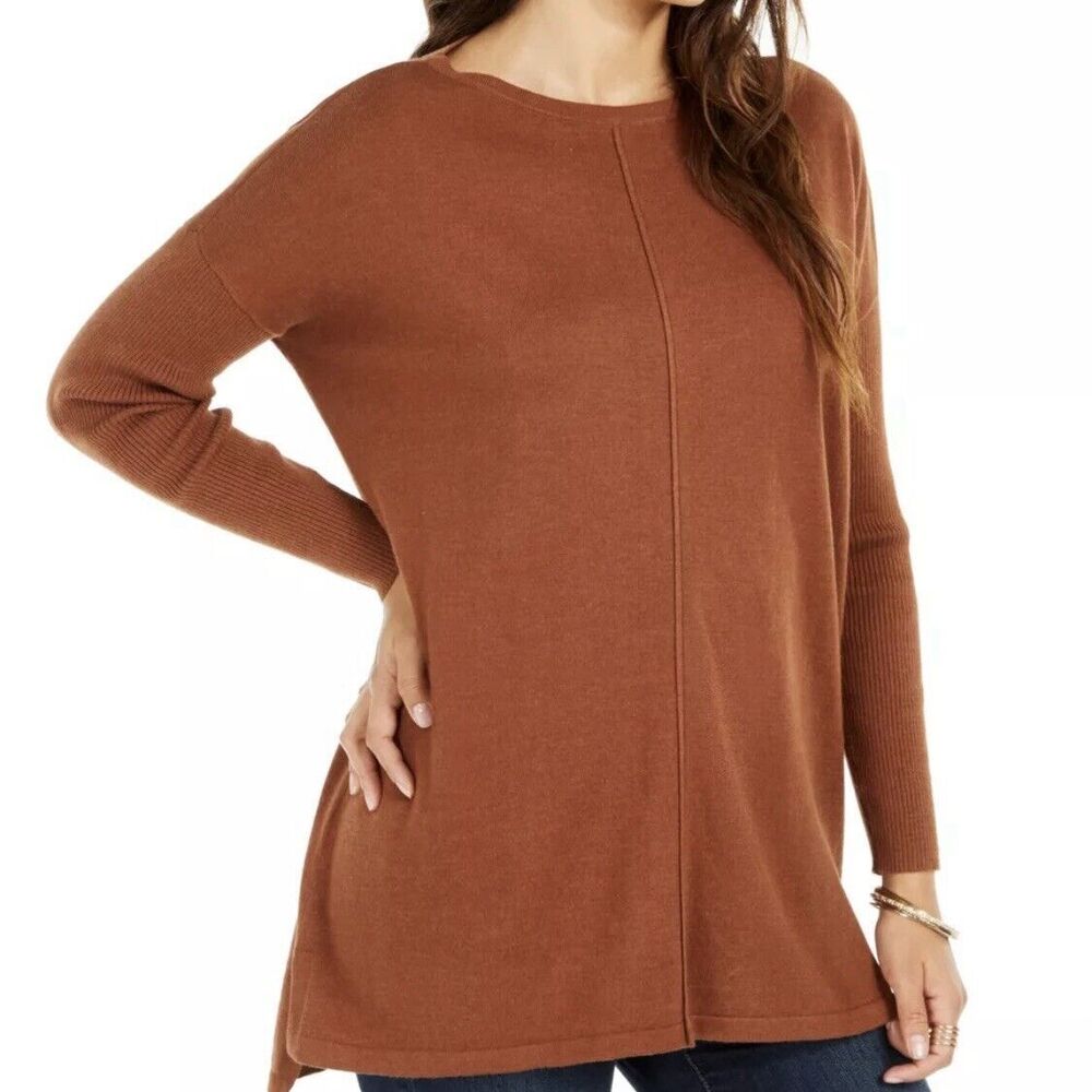 Style & Co Women's Long Sleeve Crewneck Sweater Rich Auburn L Cotton Blend